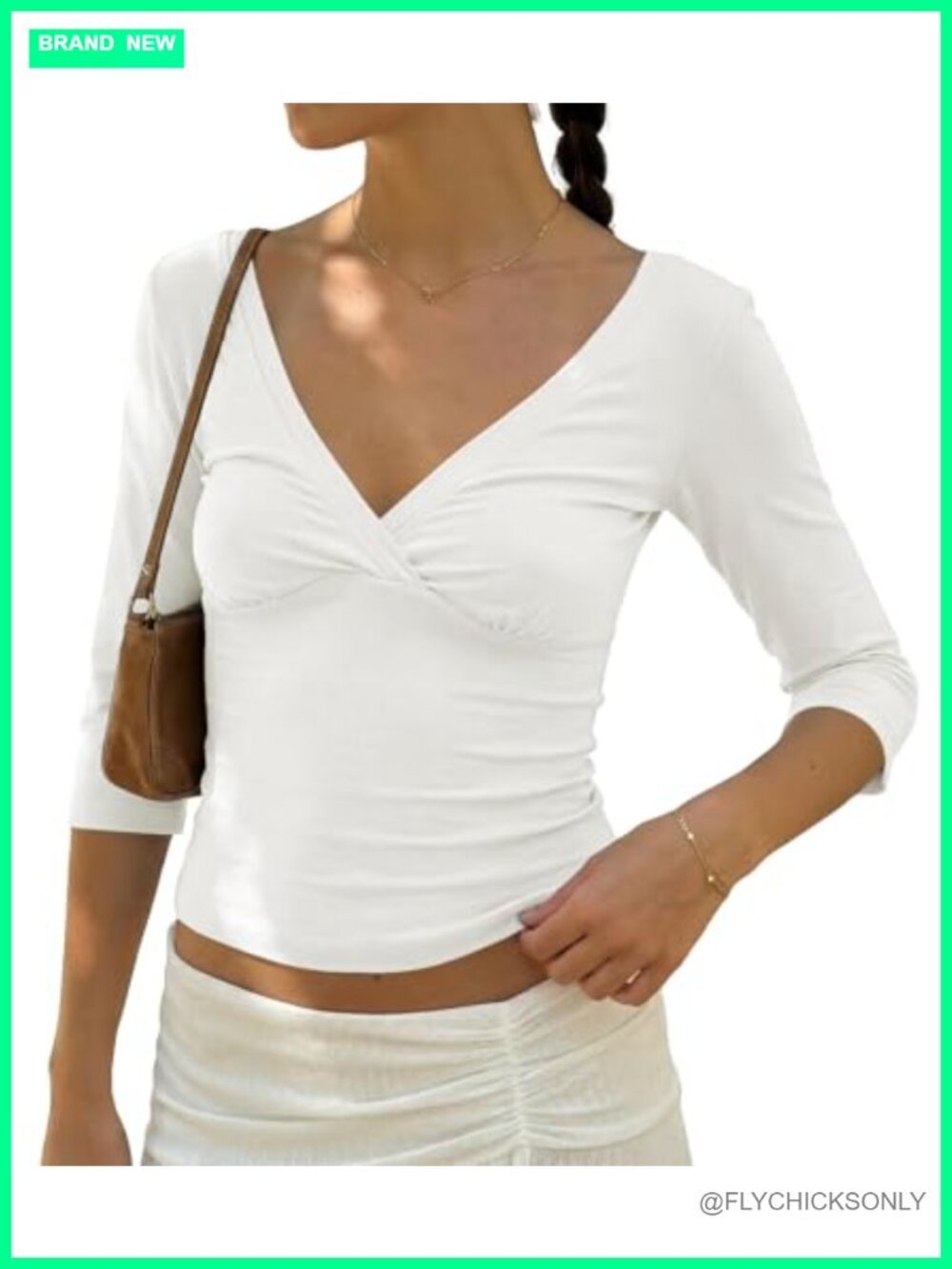 BAIGRAM Womens 3/4 Sleeve Deep V Wrap Neck Crop Top Open Back Ruched Tee